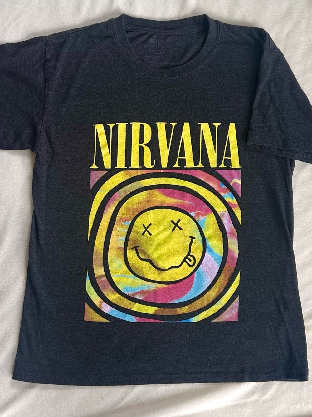 NIRVANA Black Tee with Yellow & Tie-Dye Smiley Graphic
